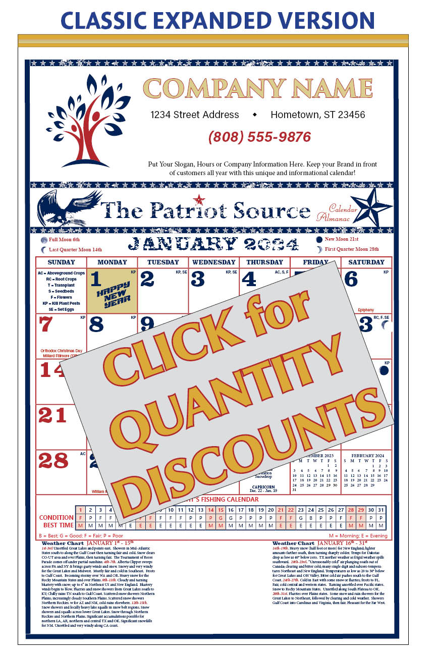 112419 - CLASSIC EXPANDED PATRIOT SOURCE ALMANAC CALENDAR (Tinned Binding) w/ Free Mini Almanac